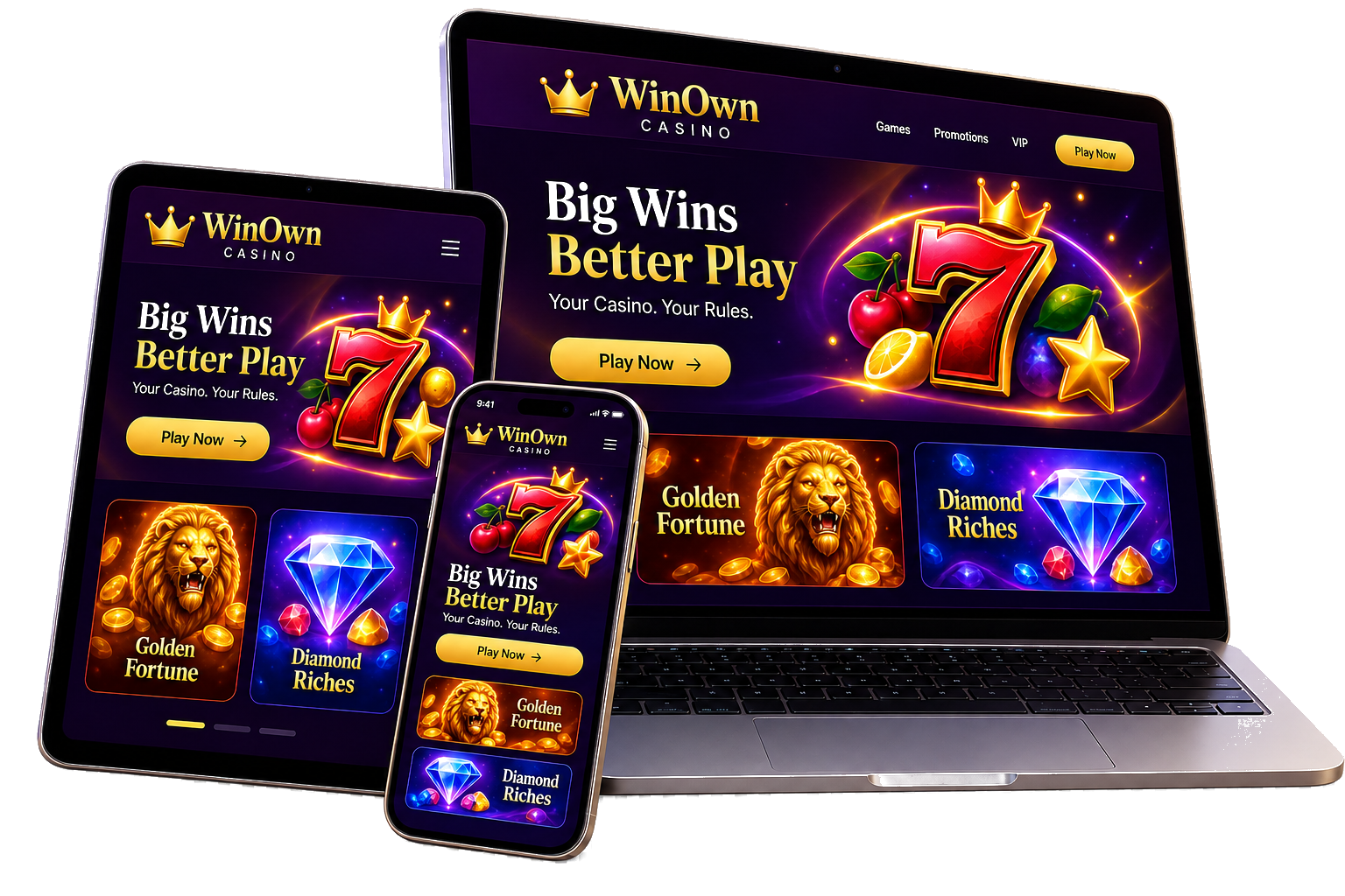 WinOwn Casino displayed on a laptop, tablet and smartphone